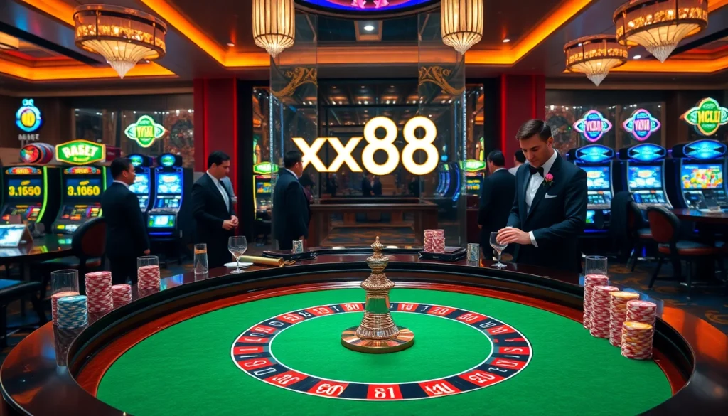Engaging players at the luxurious xx88 casino, featuring roulette, poker chips, and an inviting atmosphere.