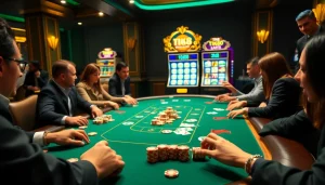 Cảnh chơi poker hấp dẫn tại casino Tik88, với sự tham gia của người chơi và những chiếc chip poker sống động.