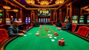 F168 baccarat table featuring vibrant poker chips and serious players in a lively casino atmosphere.