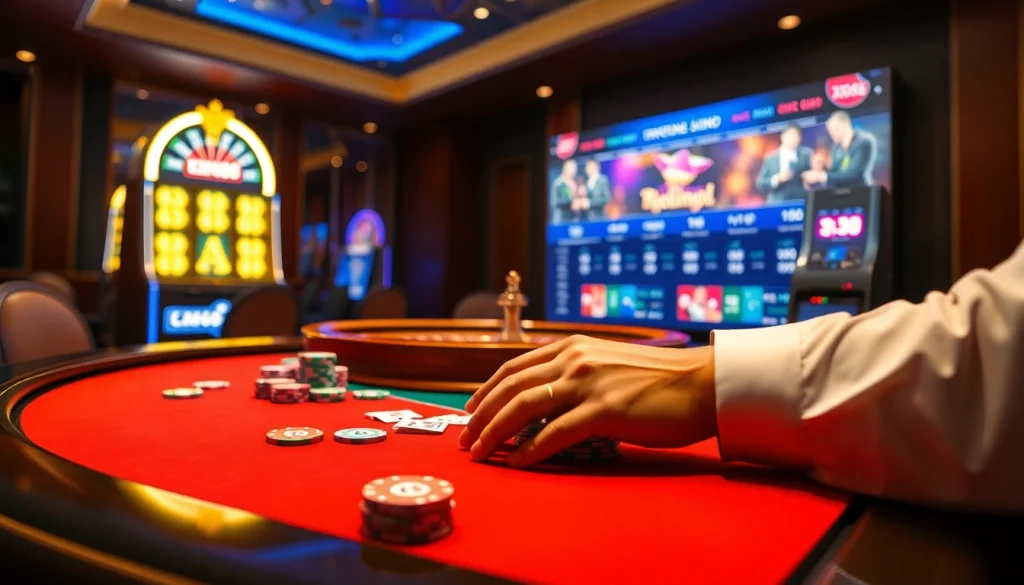 Experience thrilling online gambling at king88 with vibrant casino visuals, poker chips, and roulette wheels.