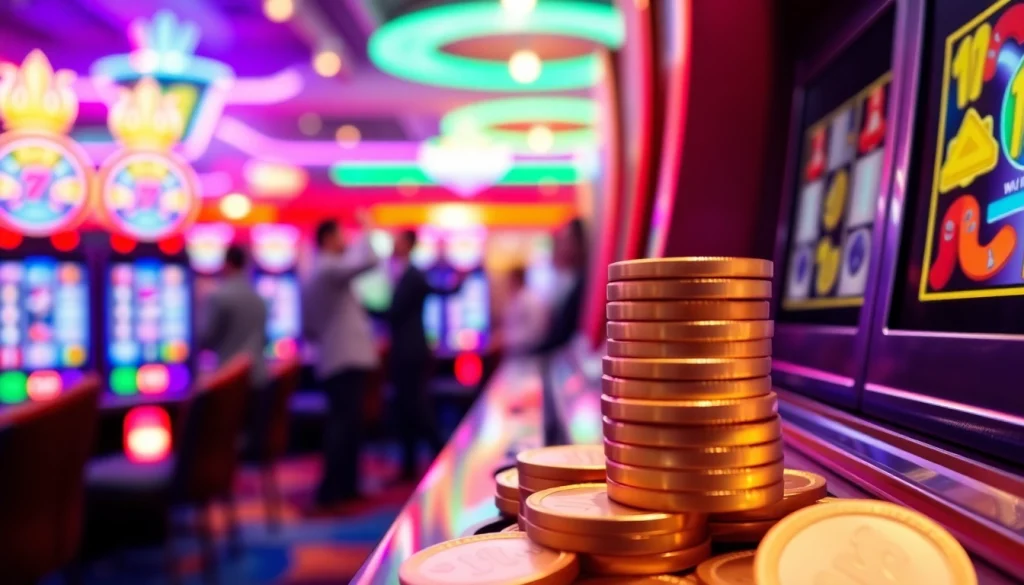 Menampilkan permainan slot pulsa yang menarik dan penuh kegembiraan dengan mesin slot berwarna-warni.