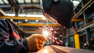 Welder executing structural steel welding with precision, highlighting the metallic texture and sparks