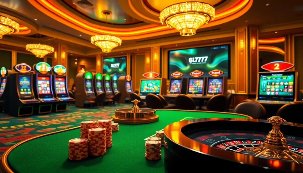 The exciting atmosphere of https://www.6l777.vip/ features vibrant slot machines and poker chips on a luxury casino table.