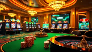 The exciting atmosphere of https://www.6l777.vip/ features vibrant slot machines and poker chips on a luxury casino table.