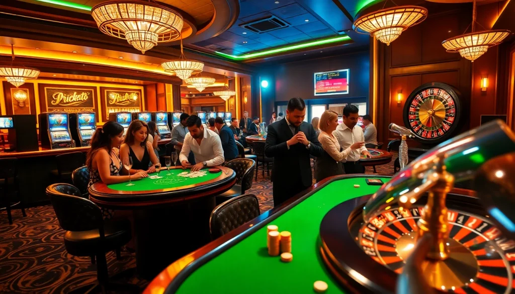 Exciting Crickex casino scene featuring vibrant poker tables and enthusiastic players betting.