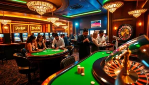 Exciting Crickex casino scene featuring vibrant poker tables and enthusiastic players betting.