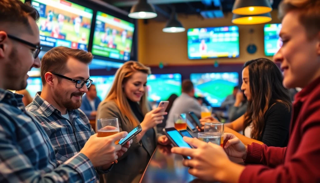 Engaging sports betting apps Canada experience at a lively sports bar setting.
