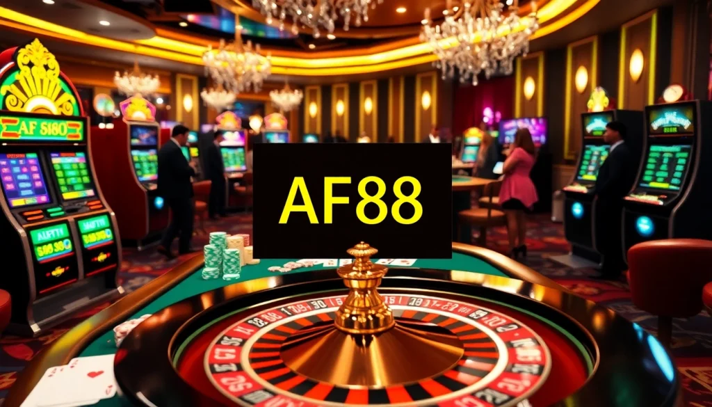 Players engaging with AF88 slots and poker in an opulent casino setting.