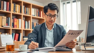 Traducteur chinois assermenté travaillant dans un cadre de bureau professionnel, en train de réviser des documents.