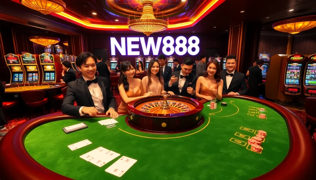 Experience the excitement of NEW88 casino with players engaged in high-stakes blackjack and a glamorous roulette wheel.