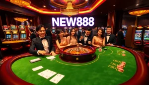 Experience the excitement of NEW88 casino with players engaged in high-stakes blackjack and a glamorous roulette wheel.