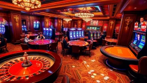 Engaging scene of luxury casino gaming showcasing nhà cái u888's thrilling atmosphere with players at tables.