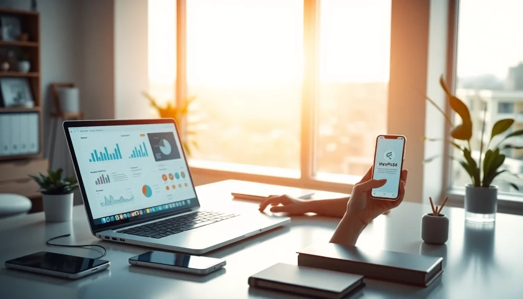 Professional workspace showcasing爱思助手 software on a laptop, illustrating productivity and innovation.