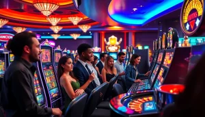 Engaged players winning on slot server kamboja machines in a vibrant casino environment.