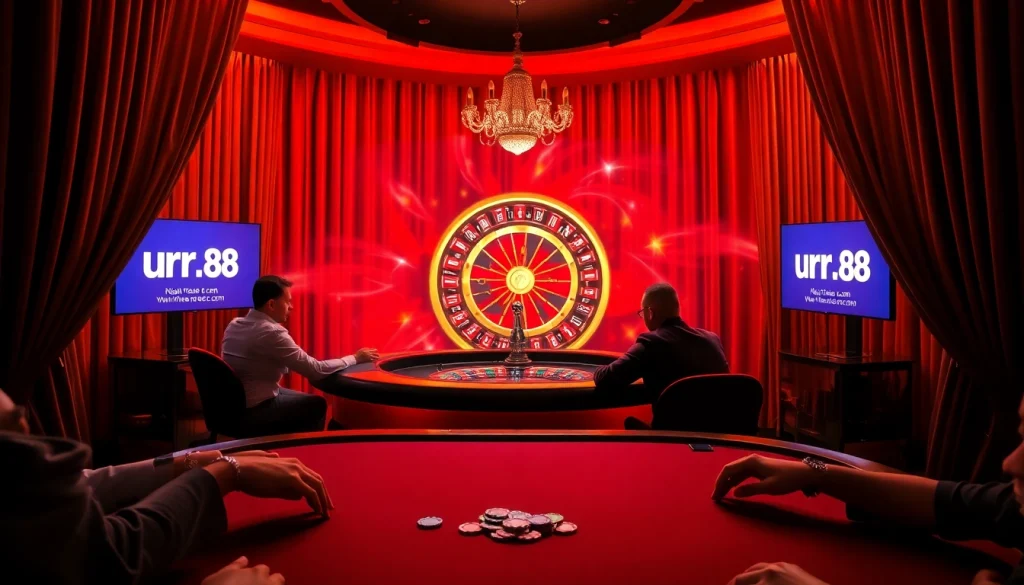 Join the excitement at urr88.com, where players engage in high-stakes poker amidst a glamorous casino atmosphere.
