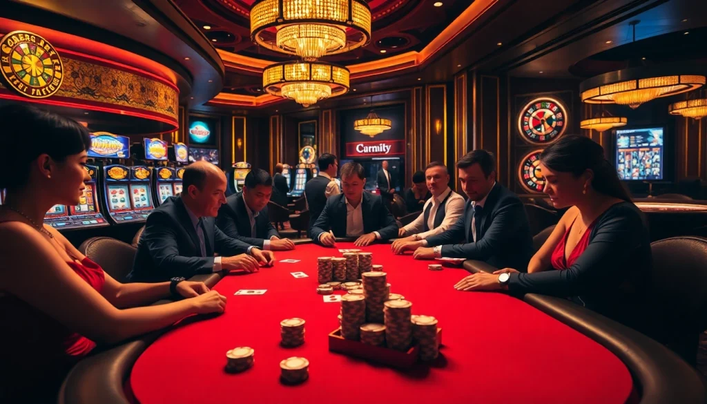DAGA players at an elegant poker table in a luxurious casino setting, highlighting high-stakes excitement.