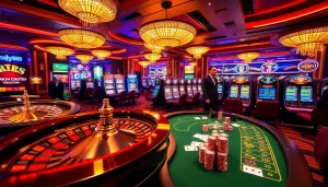 Khela88 casino scene with roulette, poker, and vibrant slots, capturing the excitement of gambling.