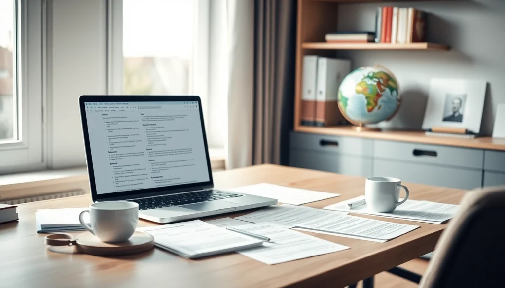 Professional translator's workspace highlighting tłumaczenie przysięgłe services with laptop, papers, and language books.