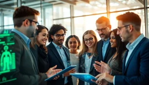 Engaged team of an AI consulting company in UK analyzing data for strategic insights.