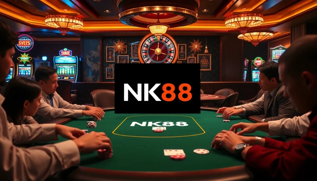 Engaging poker table scene showcasing NK88 with vibrant chips and cards in a luxurious casino atmosphere.