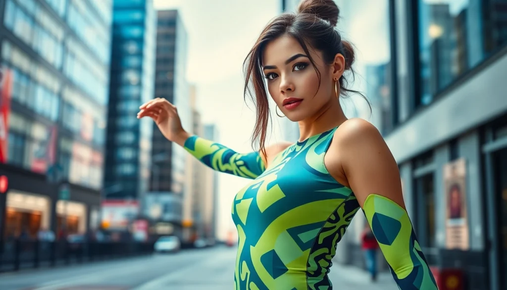 Spandex kopen bij een professionele model in een levendige stedelijke omgeving