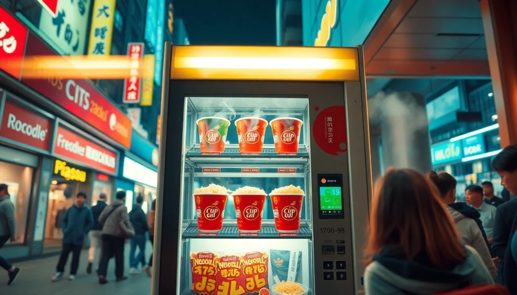 Cup noodle vending machine in a busy urban setting, showcasing steaming hot noodles and an inviting digital menu.