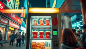 Cup noodle vending machine in a busy urban setting, showcasing steaming hot noodles and an inviting digital menu.