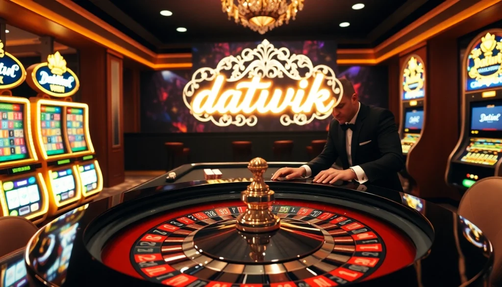 Rasakan Datuk Win di meja roulette mewah yang dikelilingi elemen kasino yang berwarna-warni.