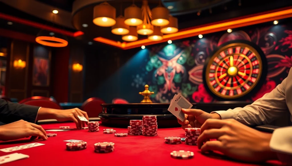 Nohu-themed casino scene featuring players at a poker table with chips and cards.