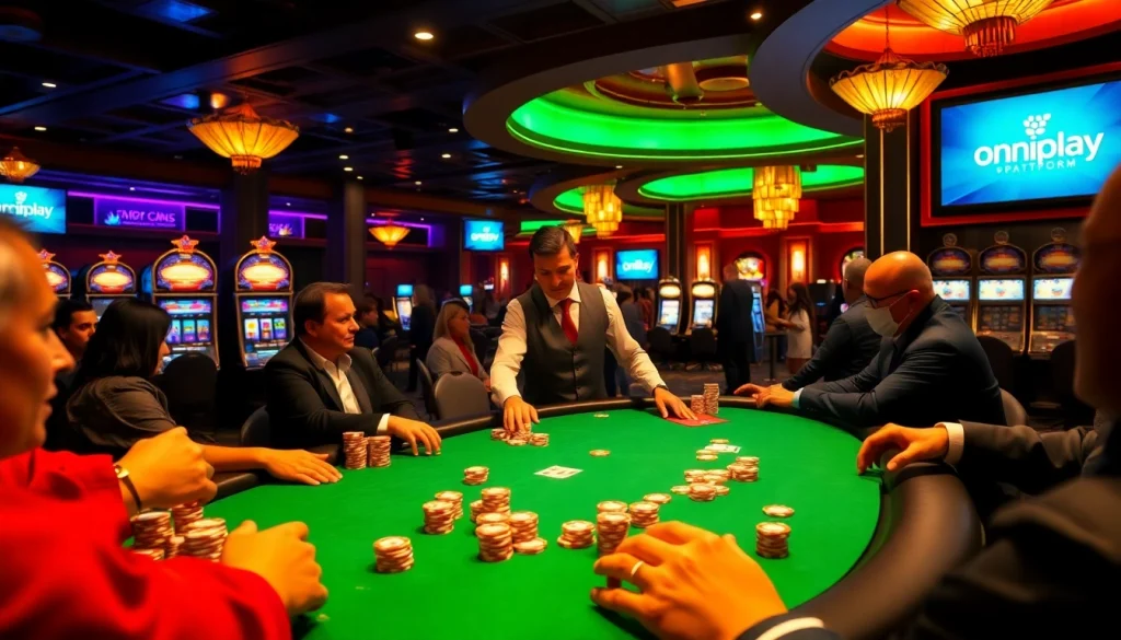 Players engaged in an intense poker game at an onicplay casino, showcasing luxury and strategy.