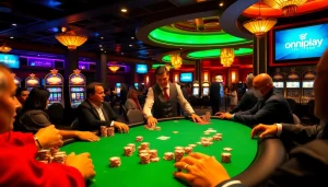 Players engaged in an intense poker game at an onicplay casino, showcasing luxury and strategy.