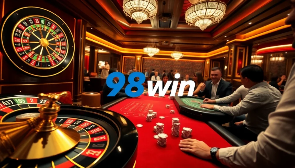 Win big at 98win with an exciting blackjack game in a lavish casino setting.