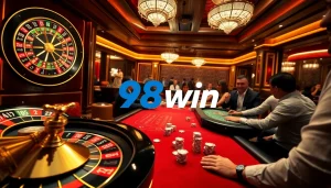 Win big at 98win with an exciting blackjack game in a lavish casino setting.
