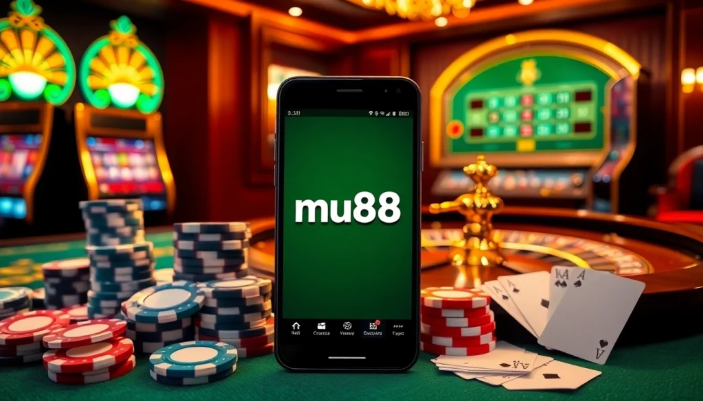 The mu88 app interface surrounded by vibrant poker chips and classic casino elements, evoking a luxurious gaming atmosphere.