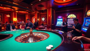 The thrilling atmosphere of https://kkwin.diy/ showcases a casino with players at roulette and poker tables.