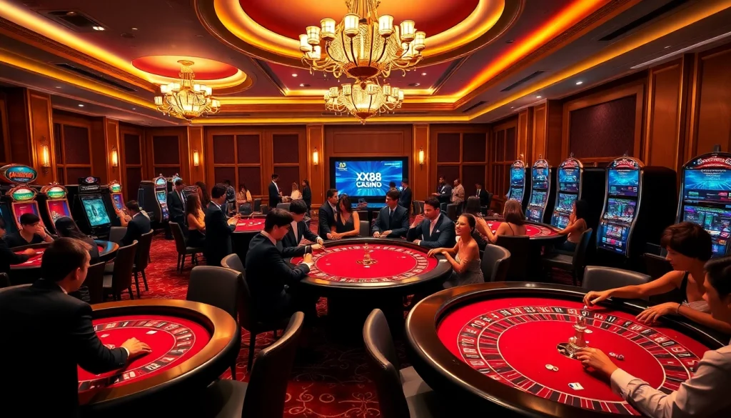 Thrilling players enjoying their games at XX88 Casino with colorful chips and vibrant atmosphere.