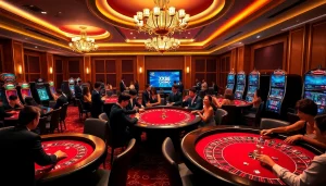 Thrilling players enjoying their games at XX88 Casino with colorful chips and vibrant atmosphere.