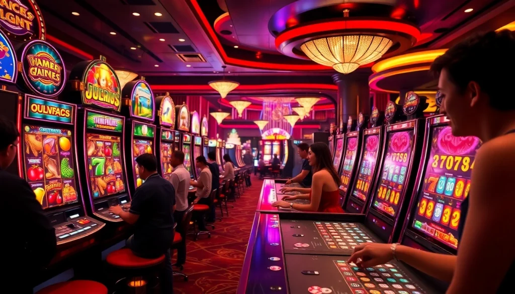 Pemain menikmati mesin slot berwarna-warni dengan slot Depo 1K untuk kemenangan jackpot yang mendebarkan.