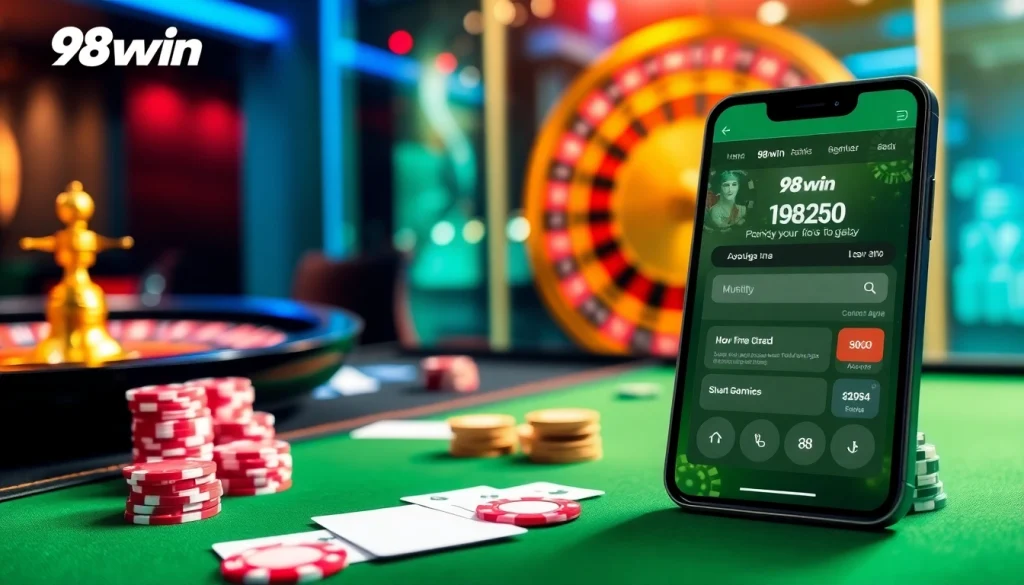 The 98win app interface showcased on a smartphone amid a luxurious casino setting.