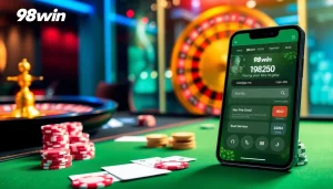 The 98win app interface showcased on a smartphone amid a luxurious casino setting.