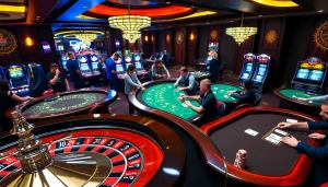 Exciting sa88 casino scene with players enjoying roulette and blackjack tables.