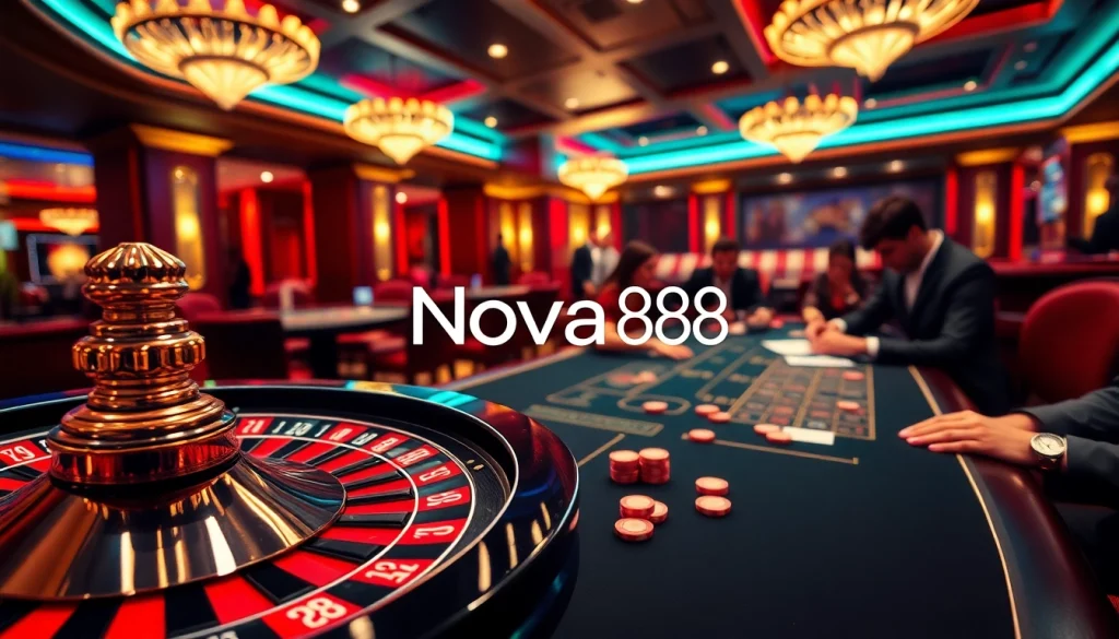Experience the excitement at Nova88 with players engaged in intense gambling at a luxury casino table.