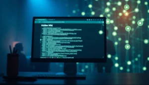 Explore the hidden wiki interface with glowing nodes in a mysterious dark web network.