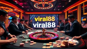 Experience the thrill of gambling with viral88 at a vibrant casino table surrounded by players.