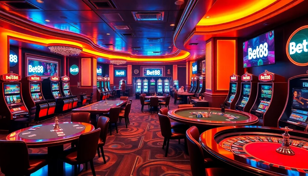 Bet88 players enjoying a vibrant online casino experience with poker chips and roulette tables.
