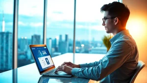 展示于现代办公室笔记本屏幕上的快连官网，展现全球安全的 VPN 服务。