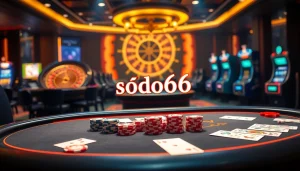 Experience thrilling online betting at https://sodo66vn.com with a vibrant casino scene featuring tables and chips.