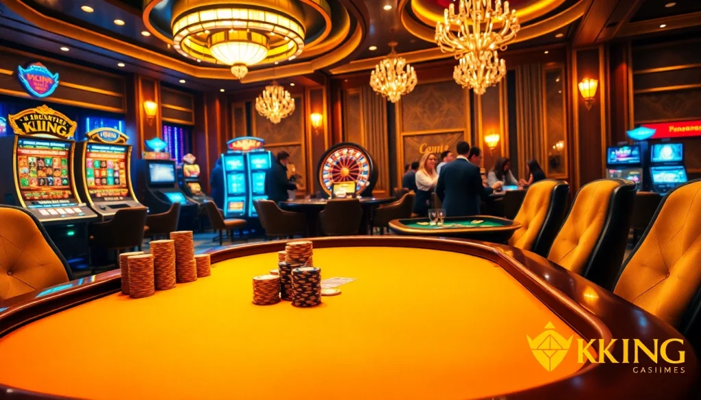 Players engaged in a high-stakes poker game at OK KING casino, surrounded by luxurious decor and vibrant slot machines.