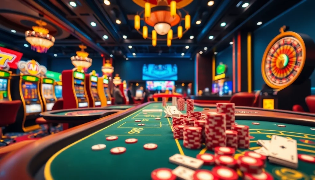 Tobet88 players enjoying a vibrant online casino experience with poker and roulette tables.