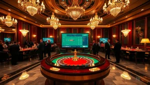 Experience the thrill of gambling at https://mm88.today/ with a vibrant casino scene featuring roulette and players...